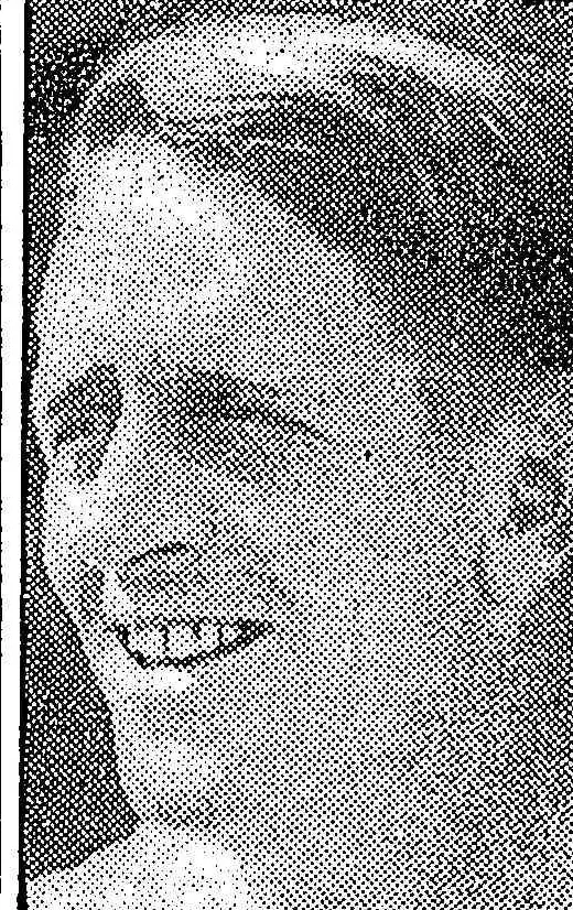 A newspaper portrait of a man laughing, his head tilted back, his hair swept back.